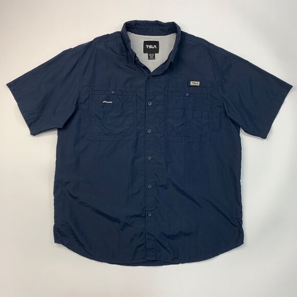 TSLA Shirt Mens L Large Navy Button Down Short Sleeve Vented Performance Fishing - Picture 2 of 12